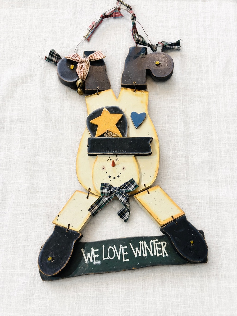 Vintage 90s We Love Winter Snowman Wall Hanging - Cream & Navy